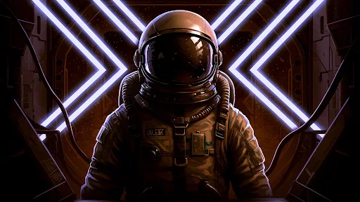 Illustration of an astronaut in a spacesuit with glowing white neon lights in the background