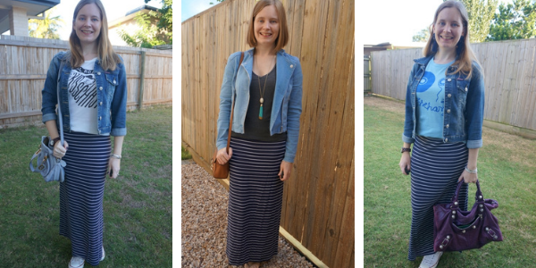 3 ways to wear navy striped maxi skirt in autumn with denim jacket | awayfromblue