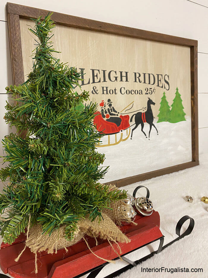 How to make a nostalgic old-fashioned Christmas horse drawn sleigh ride sign with stencils and a handmade rustic wood frame - no power tools required!