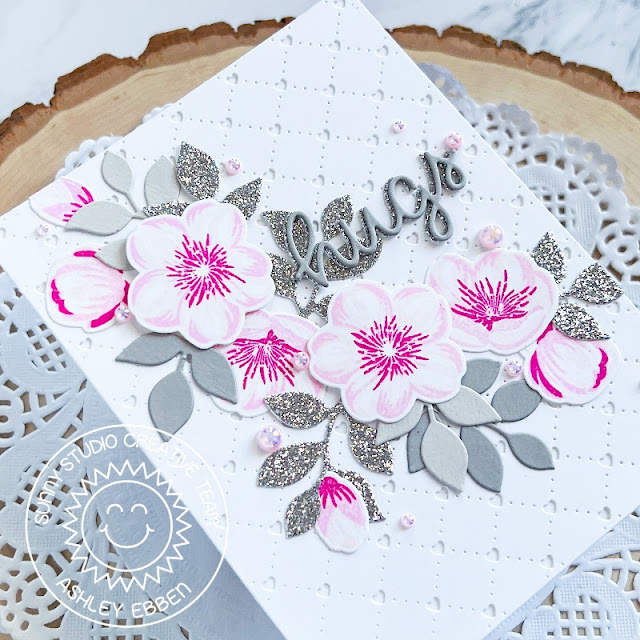Sunny Studio Stamps: Cherry Blossoms Card by Ashley Ebben (featuring Spring Greenery, Quilted Heart Dies)