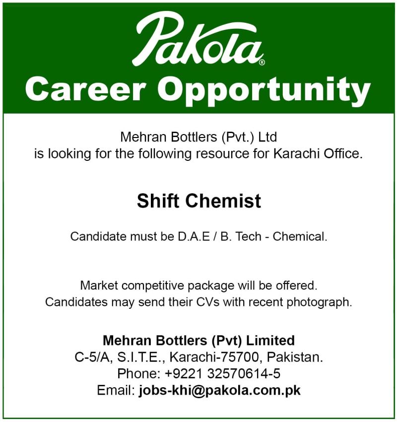 Mehran Bottlers Pvt Ltd Jobs Shift Chemist