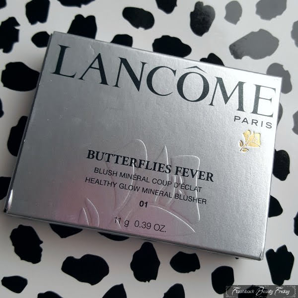 silver box with black writing saying Lancome Butterflies Fever blusher