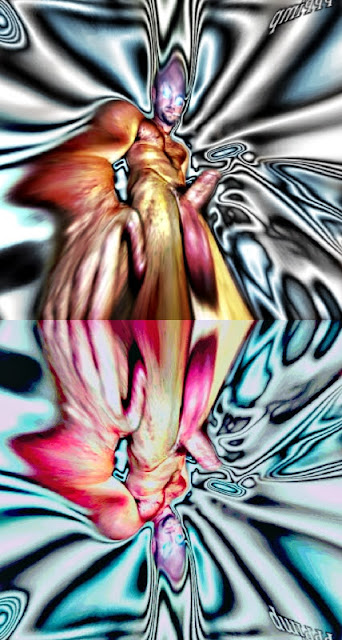 Mirrored split horizontally a sexy dude cartoon image of muscular brainwashed boner with glowing trance eyes standing superior whole spewing trippy metallic designs from tip of penis.