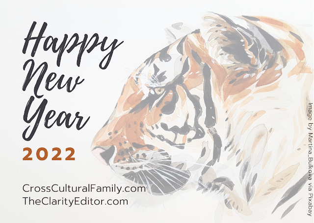 Happy new year 2022 card with watercolor tiger, painted by Martina Bulkova