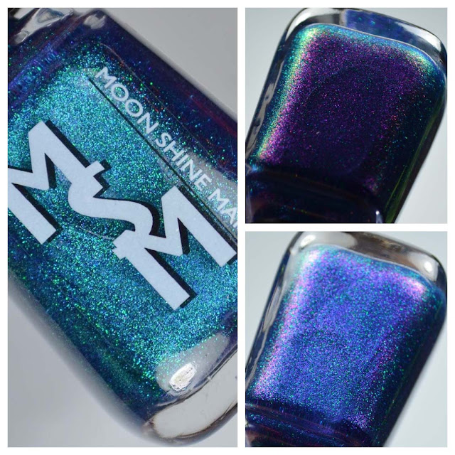blue to purple color shifting glitter nail polish in a bottle