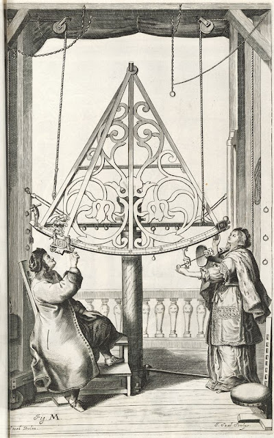 Гевелий и вторая жена Елизавета наблюдают за небом с помощью латунного секстанта