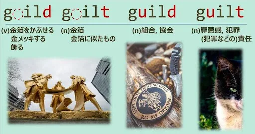 gild, gilt, guild, guilt, スペルが似ている英単語