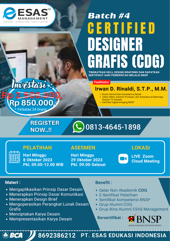 WA.0813-4645-1898 | Certified Designer Grafis (CDG), Sertifikasi BNSP RI Design Grafis 8 Oktober 2023