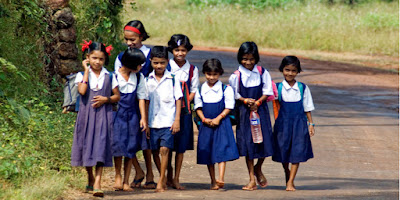 happy indian village kids going to school