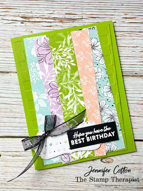 Card using Stampin' Up!'s Friendly Hello Sale a Bration 2022 stamp set and designer series paper.  Greeting says Hope you have the best birthday: white embossing powder on basic black cardstock.  Card base is Granny Apple Green and front has strips of the DSP on it.  Jennifer Cotton.  More details on the video (on blog).Card using Stampin' Up!'s Friendly Hello Sale a Bration 2022 stamp set and designer series paper.  Card has bird stamped on white label in Memento Black ink and colored in with Pool Party, Fresh Freesia, and Granny Apple Green Stampin' Blends.  Jennifer Cotton.  More details on the video (on blog).