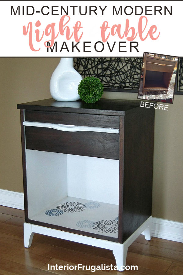 A mid-century modern Kaufman Furniture end table makeover with a high contrast dark walnut stain and white chalk paint combo plus retro stencil detail. #mcmfurniture #nighttablemakeover #paintedfurniture