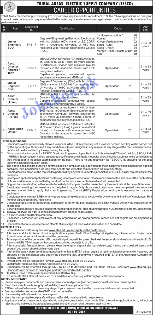 TESCO Tribal Areas Electric Supply Company Jobs 2022 in Pakistan