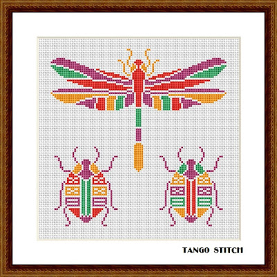 Orange Dragonfly & beetles stained glass easy cross stitch pattern