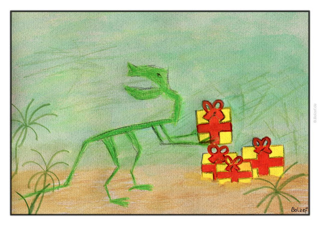 Dino stapelt Geschenke