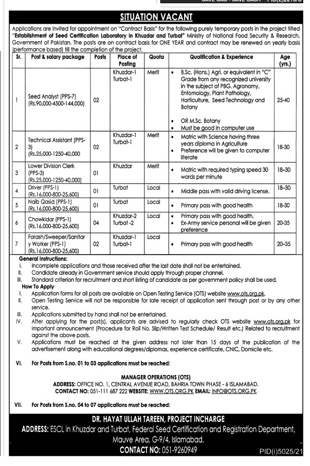 Ministry of National Food Security & Research Jobs 2022 OTS