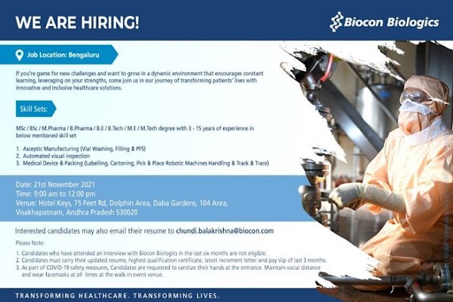 Biocon Biologics | Walk-in for Manufacturing at Visakhapatnam on 21st Nov 2021