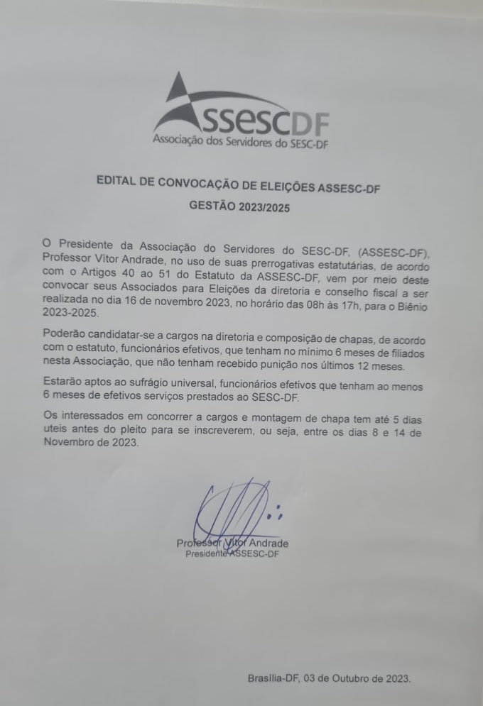 Edital de Convocação para Eleições - ASSESC-DF, Gestão 2023-2025