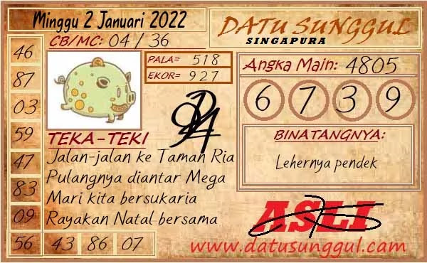 Prediksi Datu Sunggul SGP Sabtu 01 Januari 2022