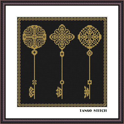 Vintage retro gold key cross stitch needlecraft pattern