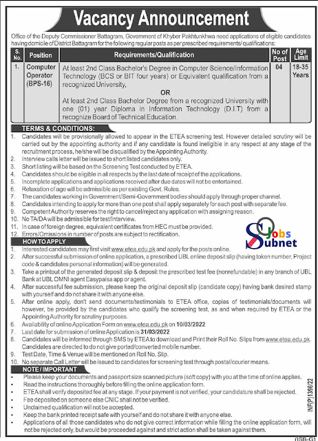 Latest Deputy Commissioner Office Battagram Jobs 2022