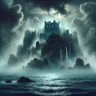 a ghost island appearing and disappearing in the misty ocean