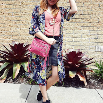 awayfromtheblue Instagram | floral duster with denim skirt and pink tee