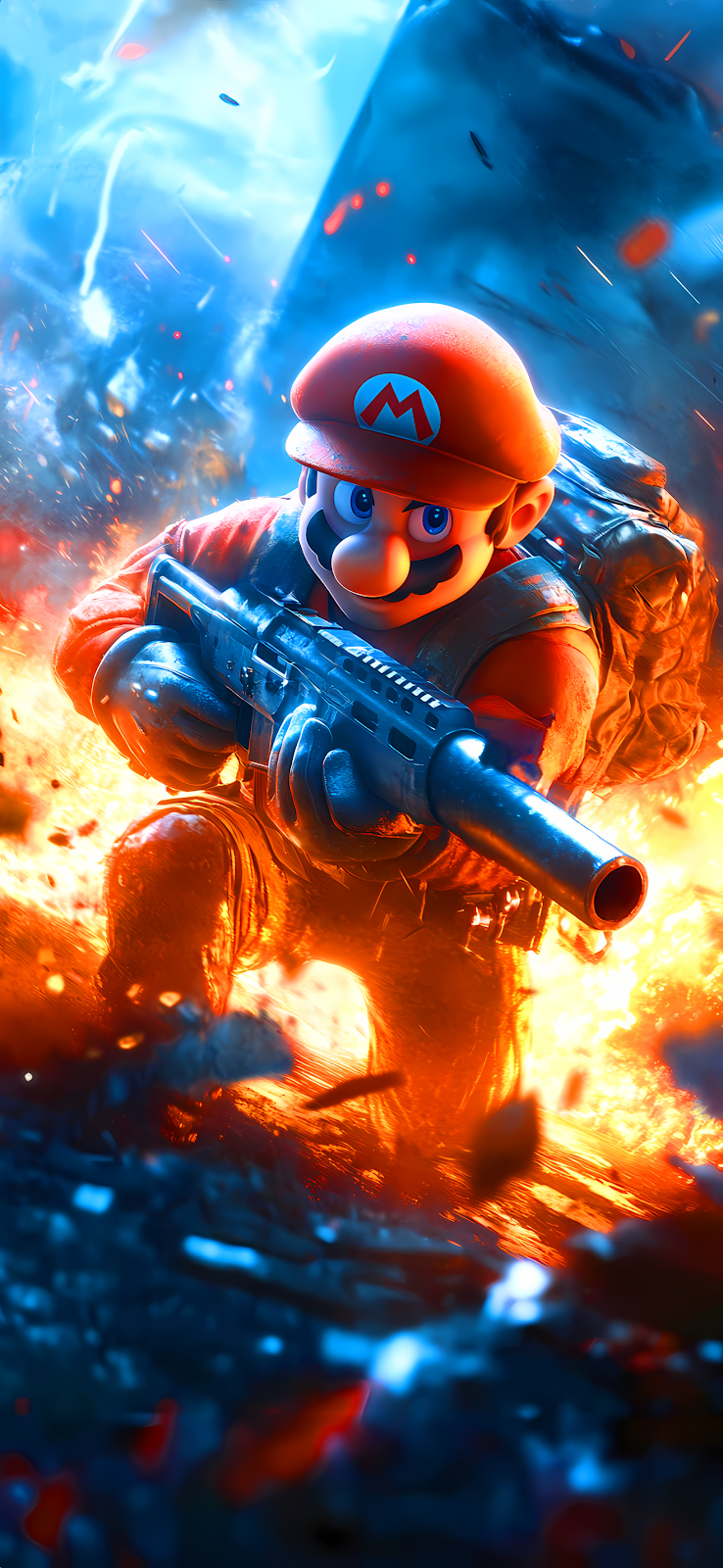 Mario in military gear, holding a rifle, surrounded by flames and smoke, digital art.

