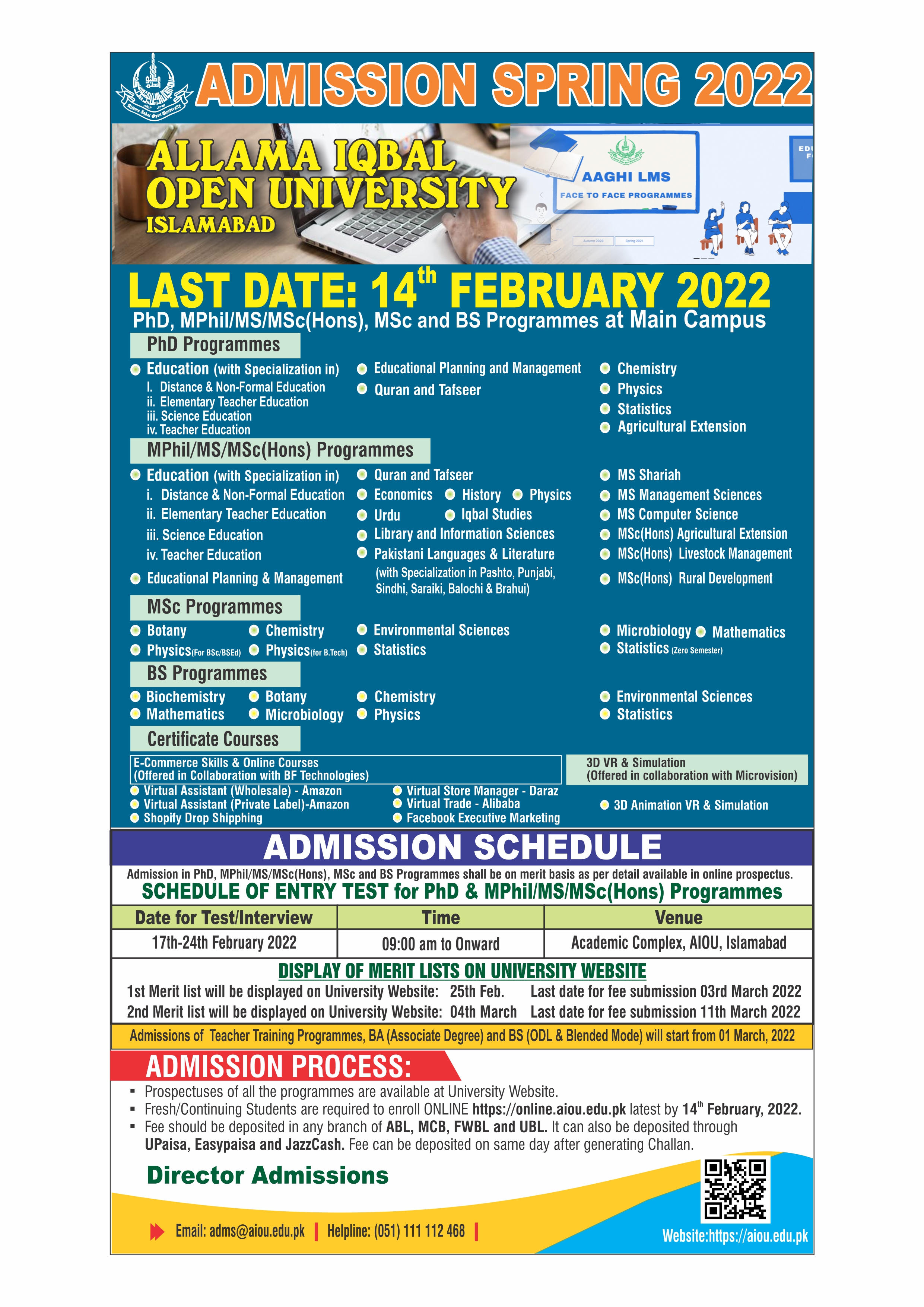 Admissions Open - Allama Iqbal Open University  Spring 2022