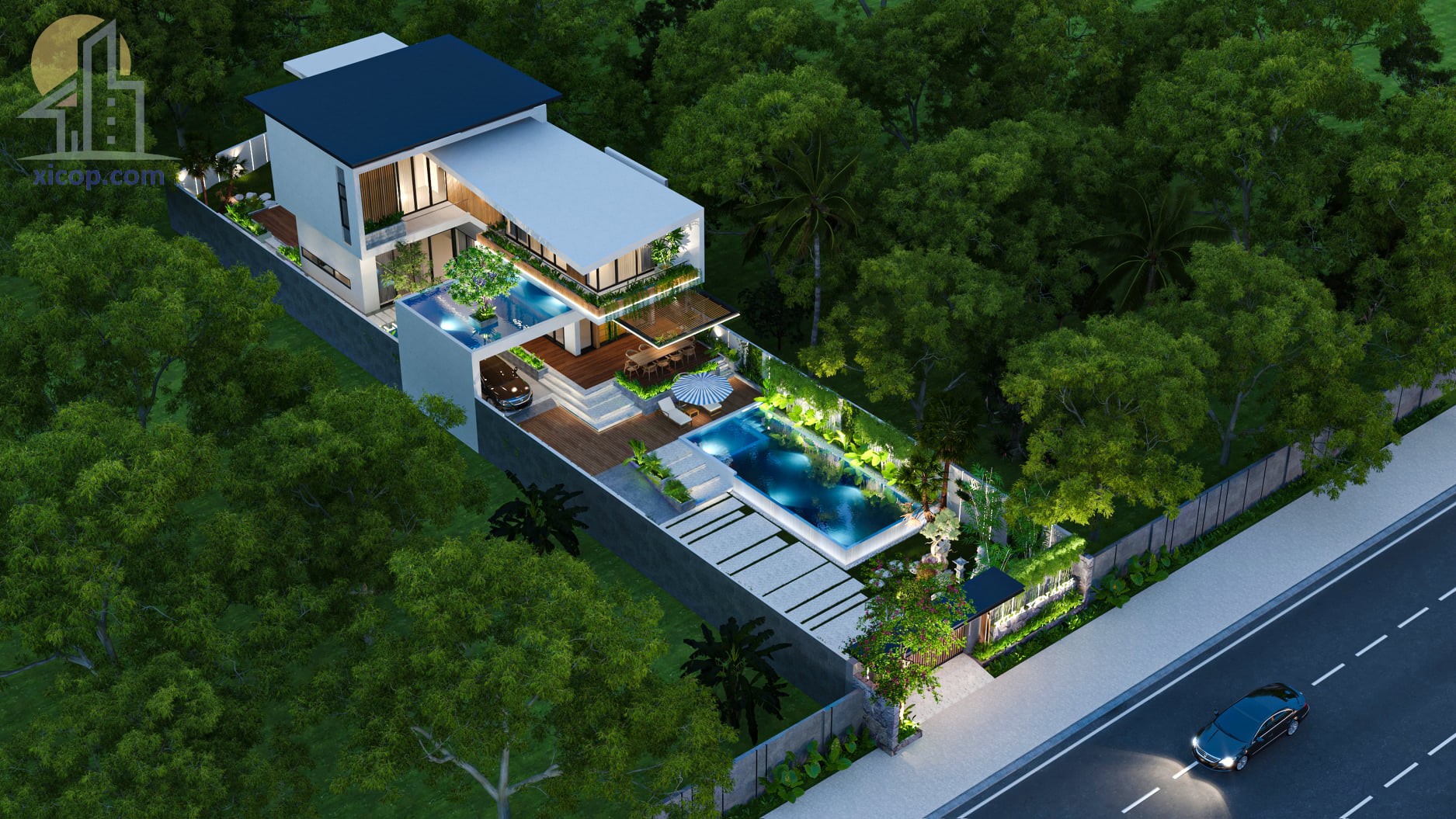 Mẫu nhà biệt thự đẹp có hồ bơi 2 tầng mái bằng thiết kế hiện đại