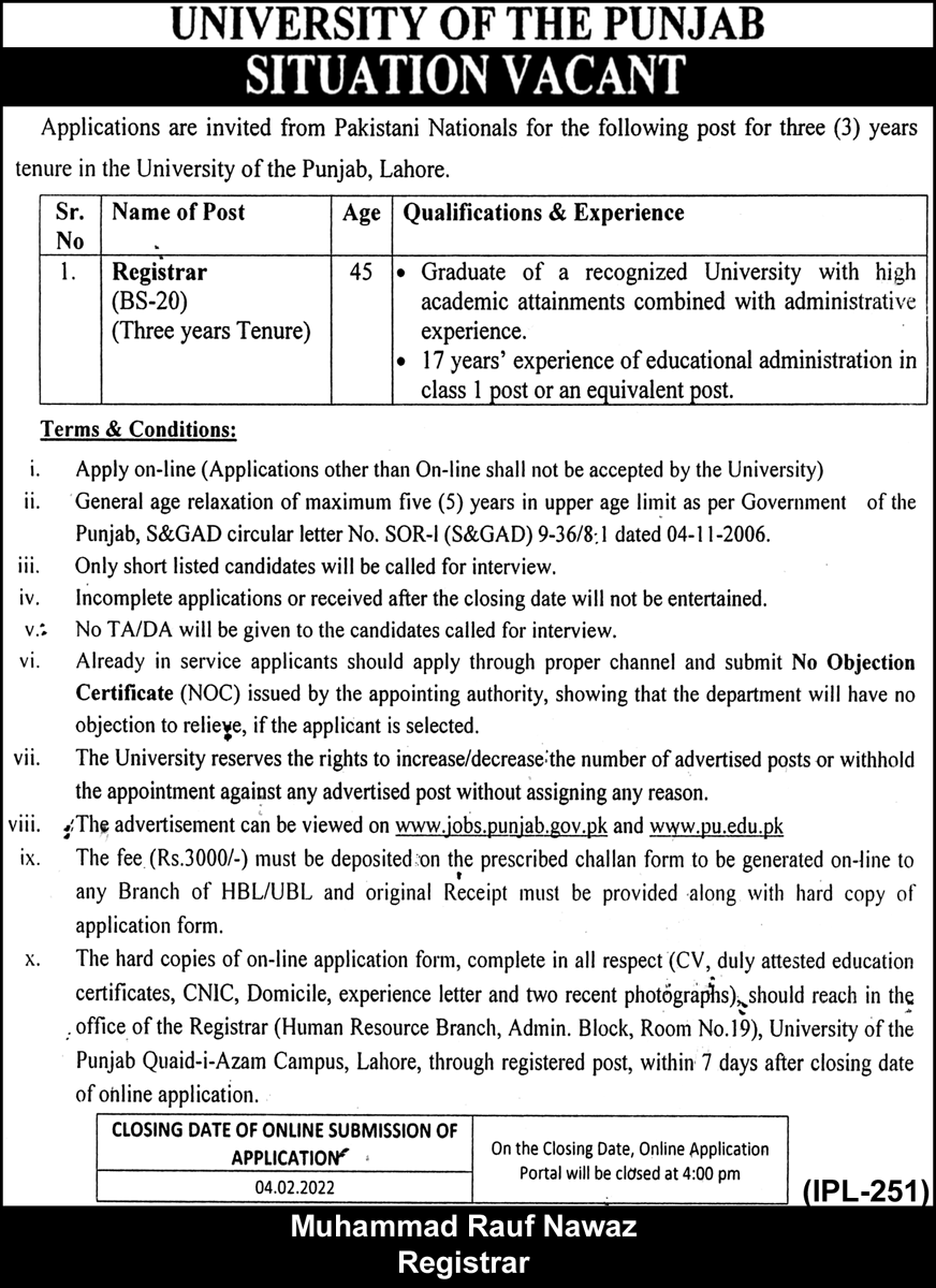 University of Punjab PU Lahore Jobs 2022-Registrar(BS-20)