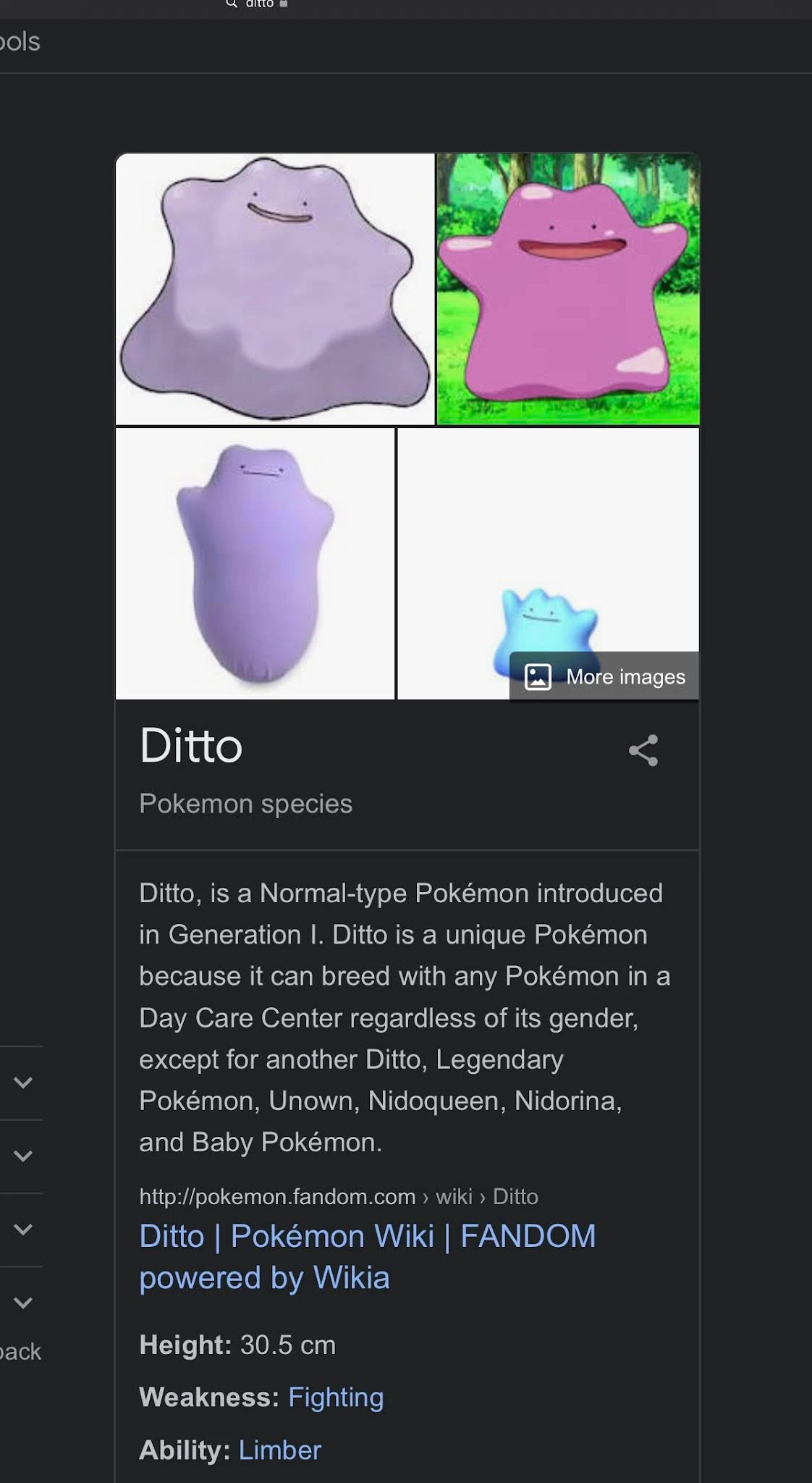 英単語Dittoを検索して、ポケモンのメタモンの画像がトップに表示されている様子。Dittoが持つ同上、同じくという意味をメタモンのイメージと結びつけることで覚えやすいなと感じました。