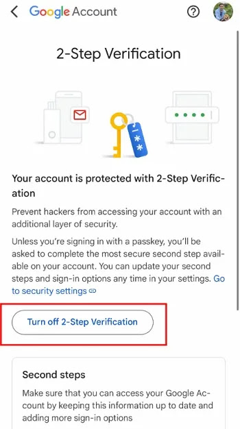 قم بإيقاف تشغيل التحقق بخطوتين لحساب Google
