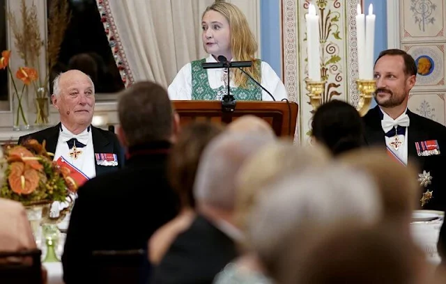 For the Parliament gala dinner, Crown Princess Mette-Marit wore a gown by Emilio Pucci. King Harald and Queen Sonja