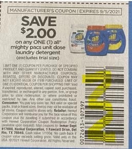 $2/1 All Mighty Pacs Laundry Detergent Coupon from "RetailMeNot" insert week of 8/22/21.