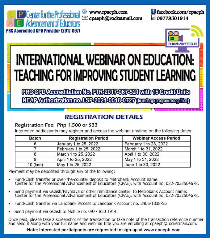 15 CPD Units | International Webinar on Education: Teaching for Improving Student Learning | Register Now!