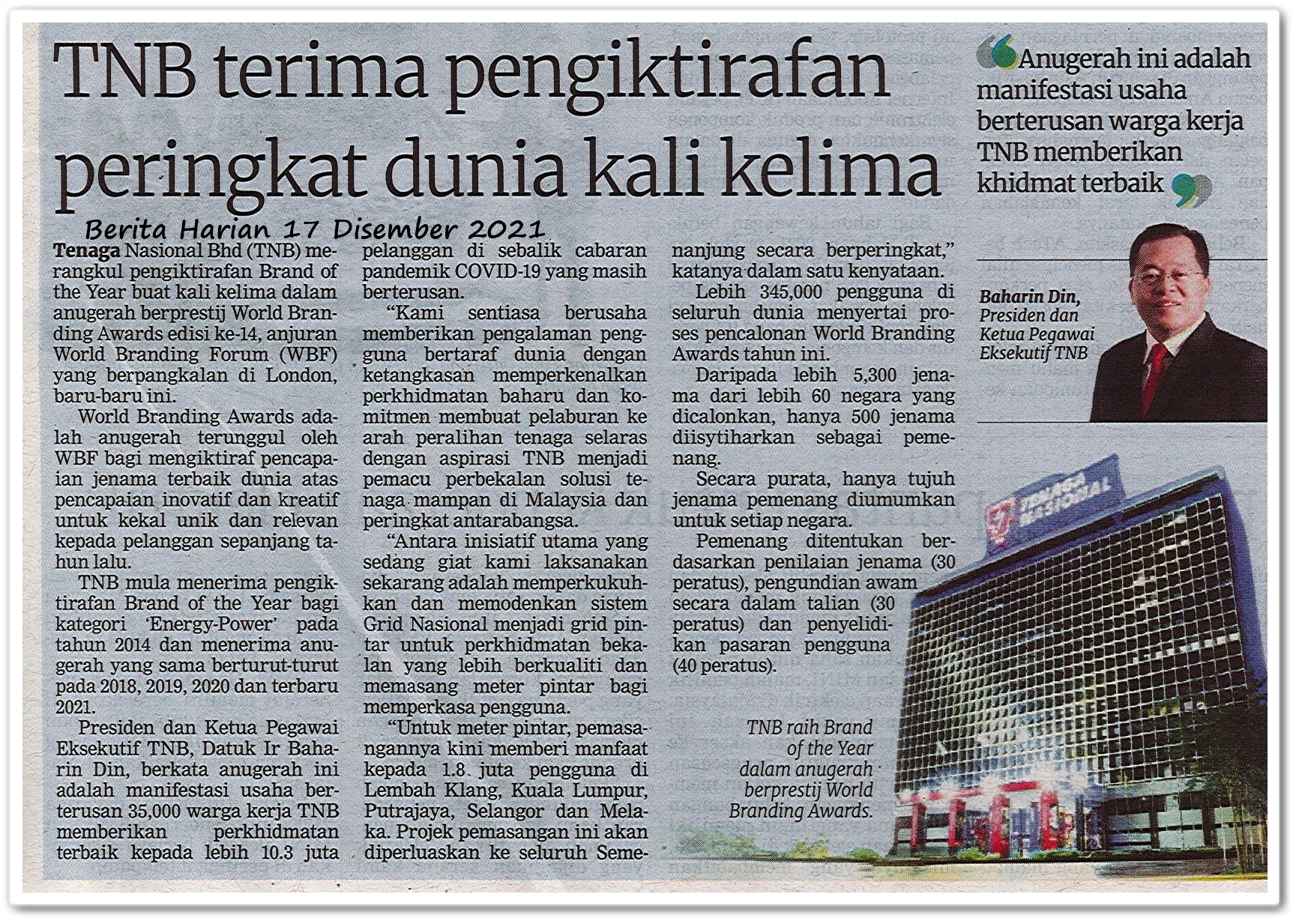 TNB terima pengiktirafan peringkat dunia kali kelima - Keratan akhbar Berita Harian 17 Disember 2021