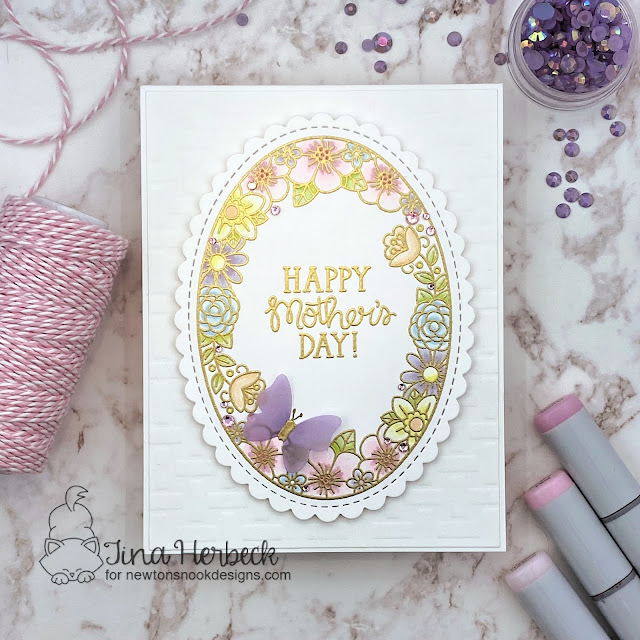 Mother's Day Card by Tina Herbeck | Best Mom Oval Stamp Set, Oval Frames Die Set, Basketweave Stencil and Slimline Frames & Portholes Die Set by Newton's Nook Designs. #newtonsnook