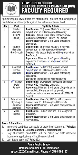 Army Public School Defence Complex Islamabad Jobs