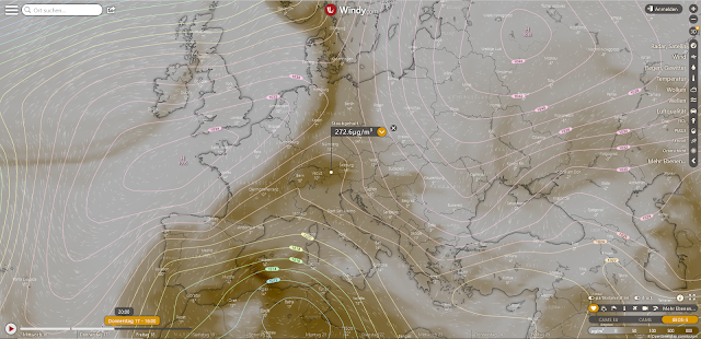 Windy.com: distribuzione della polvere del Sahara nell'atmosfera: giovedì 17.03. ore 16:00