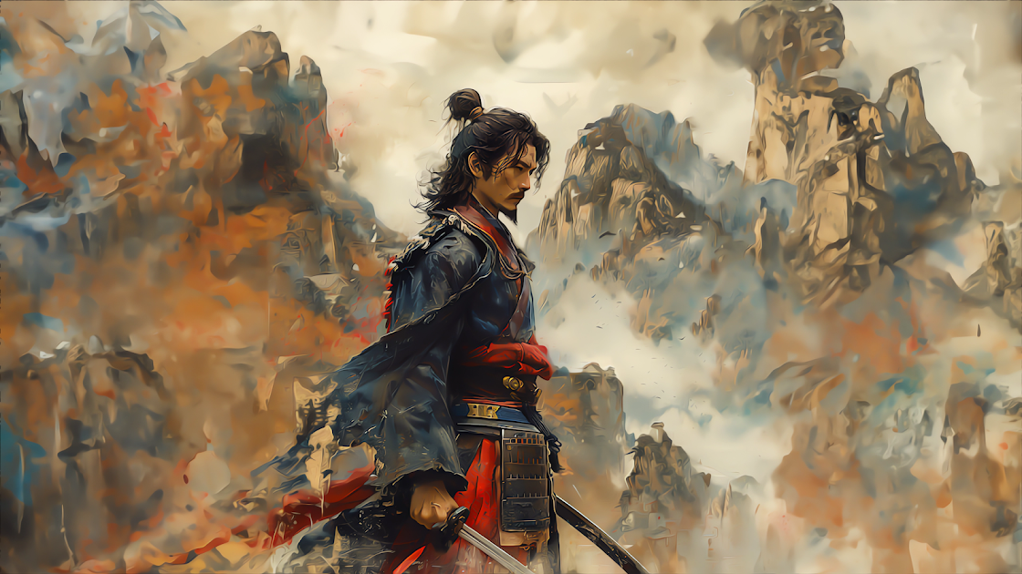 A determined warrior in traditional East Asian armor, with a sword at his side, looks over his shoulder against a backdrop of rugged mountains. His hair is tied back, and his attire is detailed with hints of red, suggesting a rank of nobility or skill. The painting style blends realism with expressive brushwork, highlighting the solemn mood of the scene.