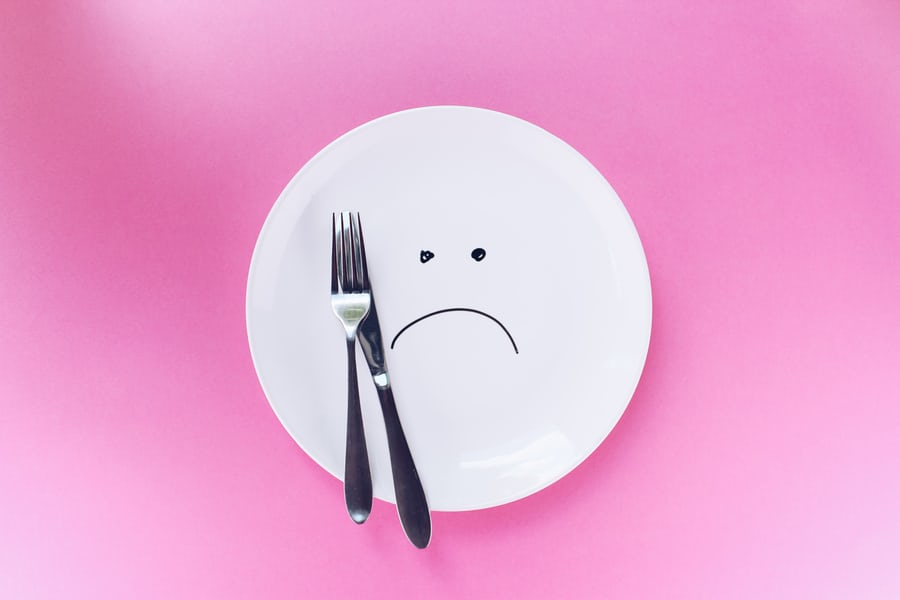 A white weight loss plate which a sad face on a purple surface