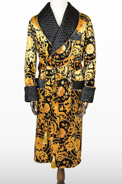 mens dressing gown silk velvet gold black smoking jacket robe