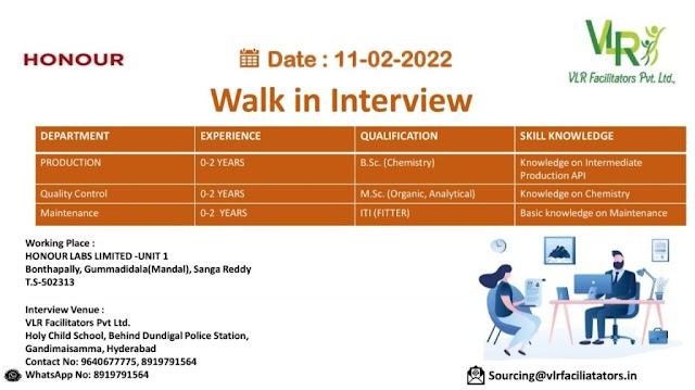 Honour Labs | Walk-in interview for freshers and Expd at Hyderabad on 11th Feb 2022