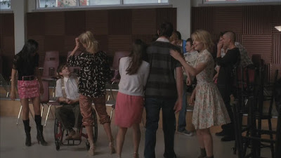 Quinn happily welcoming Rachel and Finn to the choir room