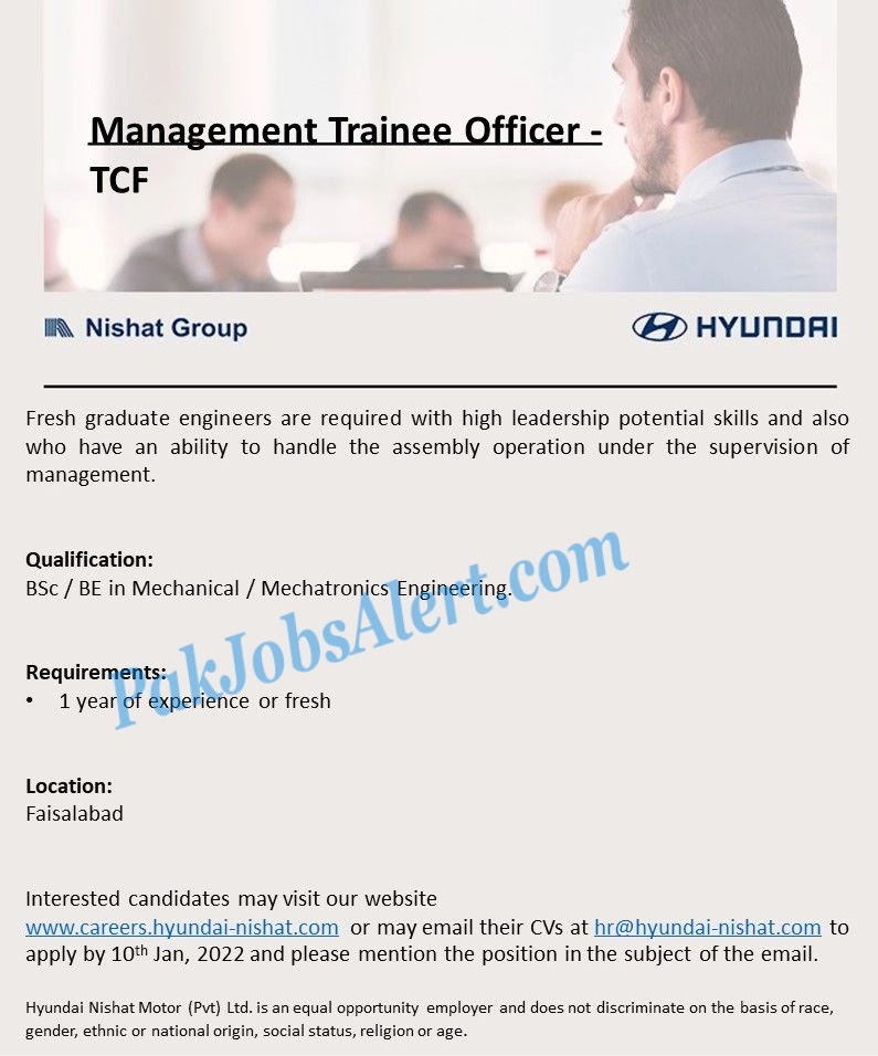 Management Trainee Officer Jobs December 2022 – Latest Hyundai Nishat Motors Careers