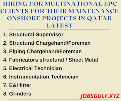 Hiring for Multinational EPC clients for their Maintenance onshore projects in Qatar Latest