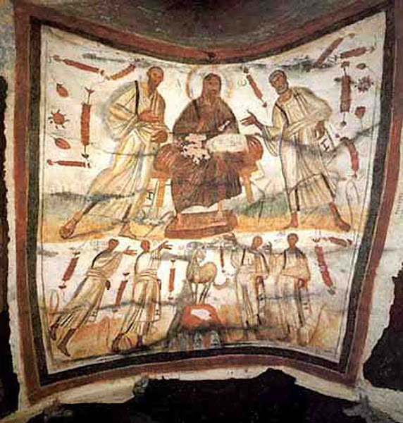 Imagen 144B | Cristo entre Pedro y Pablo, siglo IV, Catacumba de los santos Marcelino y Pedro en la Via Labicana | Dominio público / anónimo