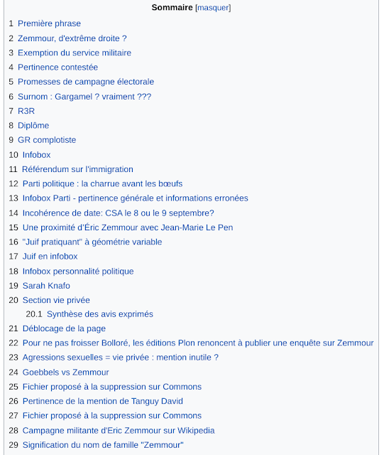 Sommaire des discussions sur la page Wikipédia consacrée à Éric Zemmour