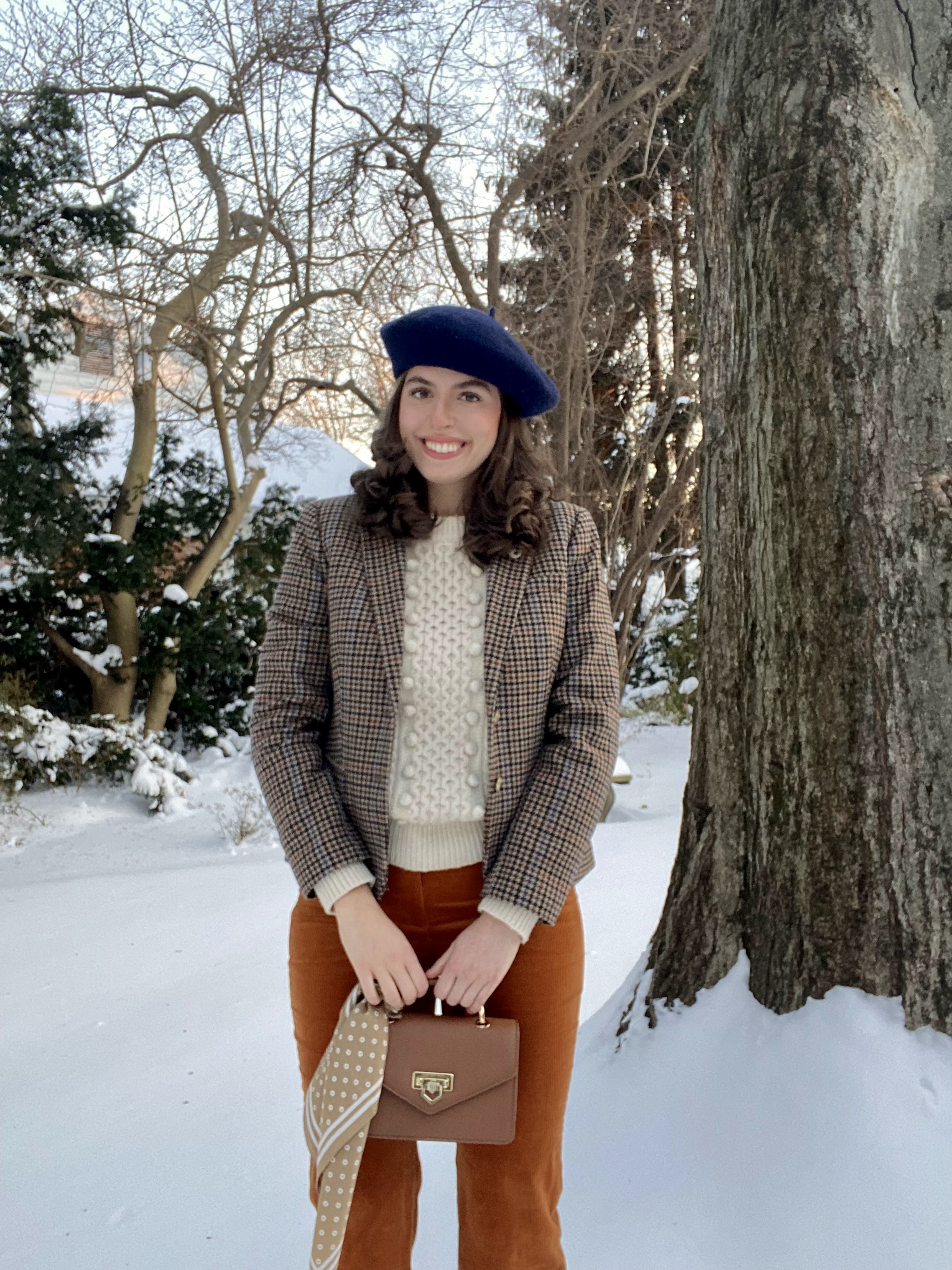 beret, cable knit, tweed blazer, preppy outfit, cords, corduroy, snow, winter outfit