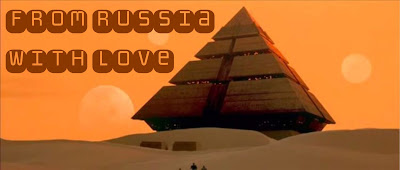 An orange and tan image of the Stargate Pyramid in a valley of sand with the caption From Russian with Love